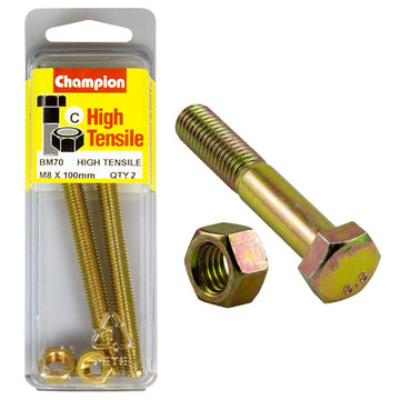 Champion Pack of 2 (2x Hex Set Screws, 2x Nuts) M8 x 100mm High Tensile Grade 8.8, Zinc Plated  - BM70