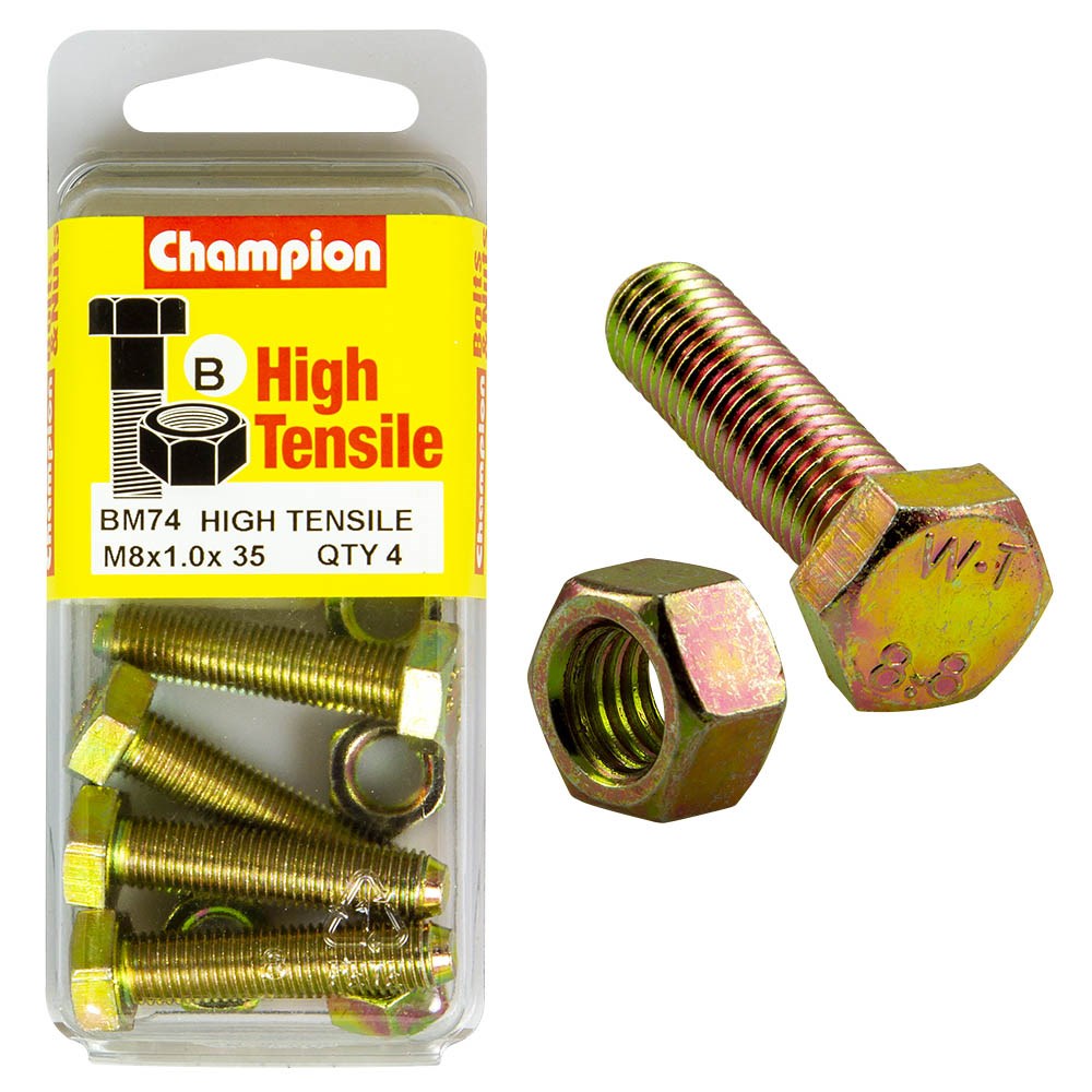 Champion Pack of 4 (4x Hex Set Screws, 4x Nuts) M8 x 35 x 1.00mm High Tensile Grade 8.8, Zinc Plated  - BM74