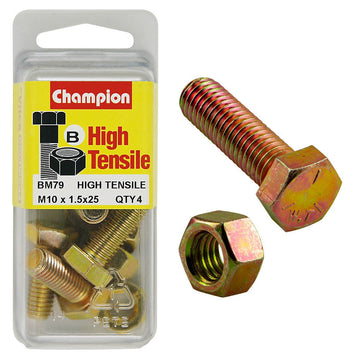 Champion Pack of 4 (4x Hex Set Screws, 4x Nuts) M10 x 25mm High Tensile Grade 8.8, Zinc Plated  - BM79