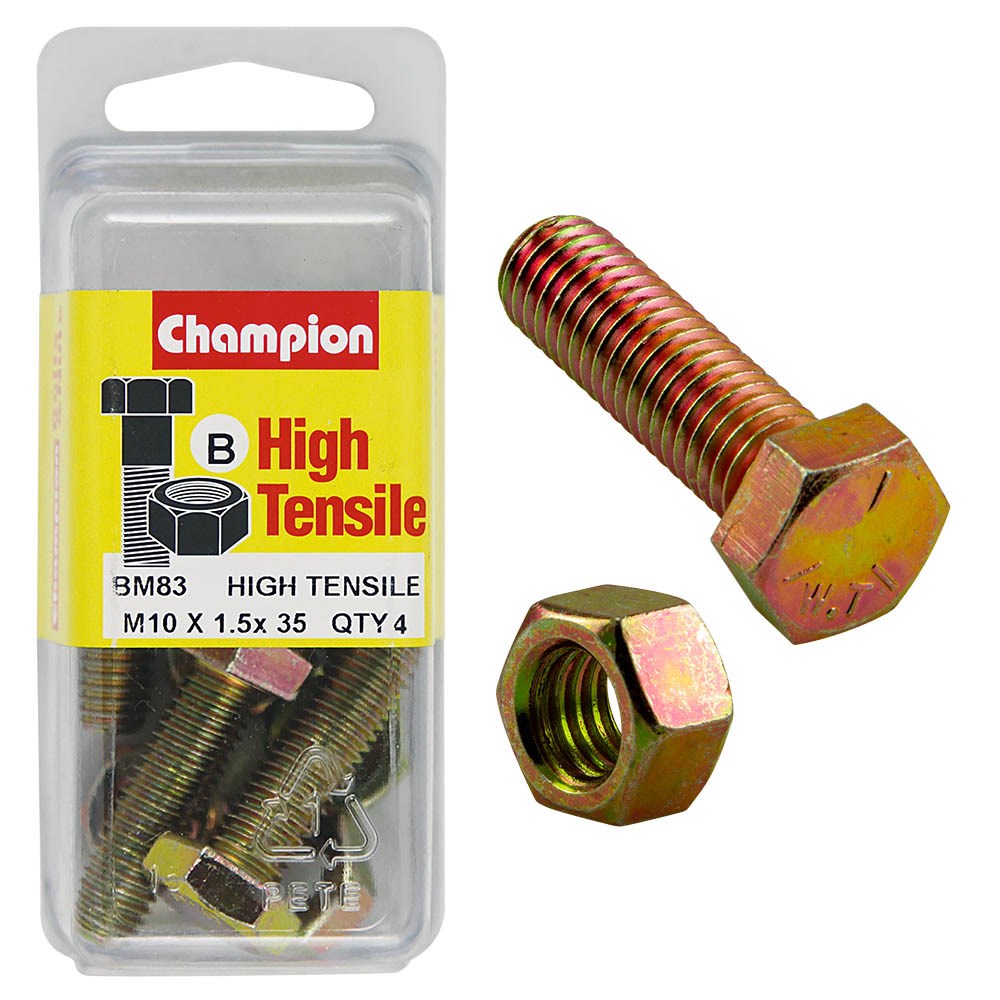 Champion Pack of 4 (4x Hex Set Screws, 4x Nuts) M10 x 35mm High Tensile Grade 8.8, Zinc Plated  - BM83