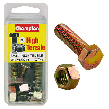 Champion Pack of 4 (4x Hex Set Screws, 4x Nuts) M10 x 40mm High Tensile Grade 8.8, Zinc Plated  - BM84