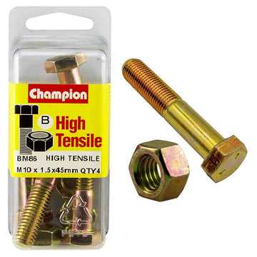 Champion Pack of 4 (4x Zinc Plated Hex Bolts, 4x Nuts) M10 x 45mm High Tensile Grade 8.8 - BM86