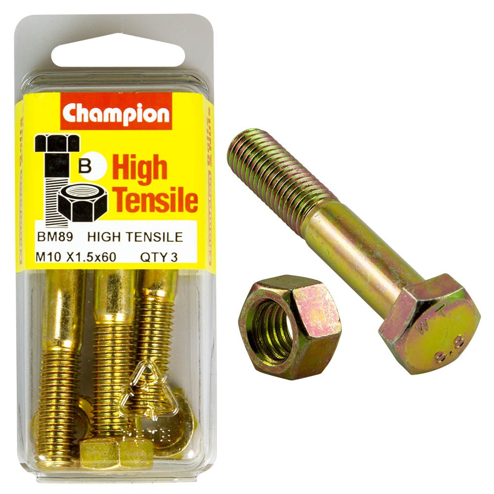 Champion Pack of 3 (3x Zinc Plated Hex Bolts, 3x Nuts) M10 x 60mm High Tensile Grade 8.8 - BM89