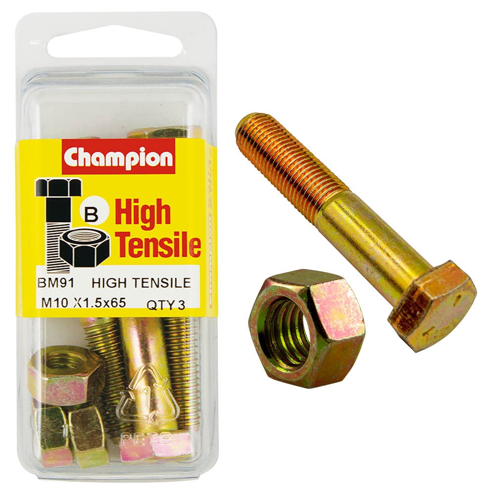 Champion Pack of 3 (3x Zinc Plated Hex Bolts, 3x Nuts) M10 x 65mm High Tensile Grade 8.8 - BM91