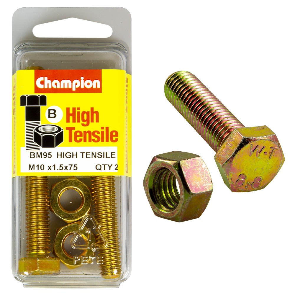 Champion Pack of 2 (2x Hex Set Screws, 2x Nuts) M10 x 75mm High Tensile Grade 8.8, Zinc Plated  - BM95