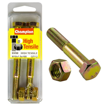 Champion Pack of 2 (2x Zinc Plated Hex Bolts, 2x Nuts) M10 x 100mm High Tensile Grade 8.8 - BM98