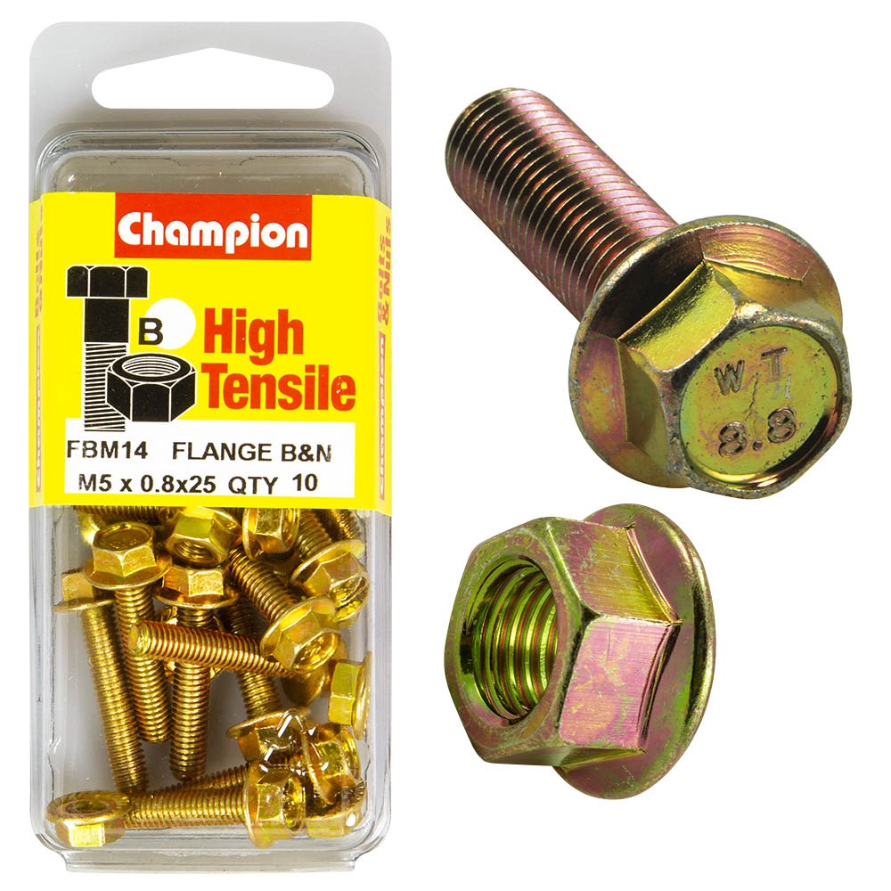 Champion Pack of 10 (10x Hex Set Screws, 10x Nuts) M5 x 25mm, 8AF High Tensile Grade 8.8, Zinc Plated  - FBM14