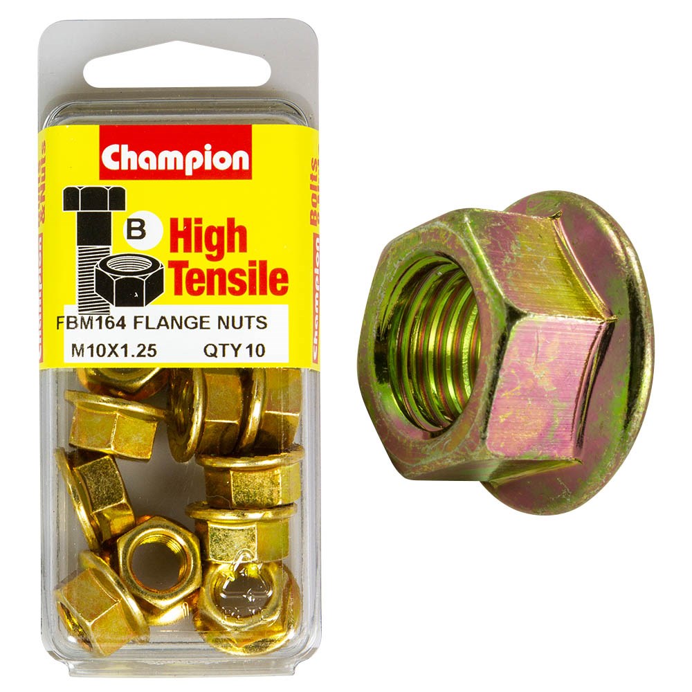 Champion Pack of 10 M10 x 1.25mm High Tensile Grade 8.8, Zinc Plated Flanged Hex Nuts - FBM164