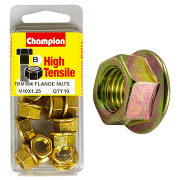 Champion Pack of 10 M10 x 1.25mm High Tensile Grade 8.8, Zinc Plated Flanged Hex Nuts - FBM164