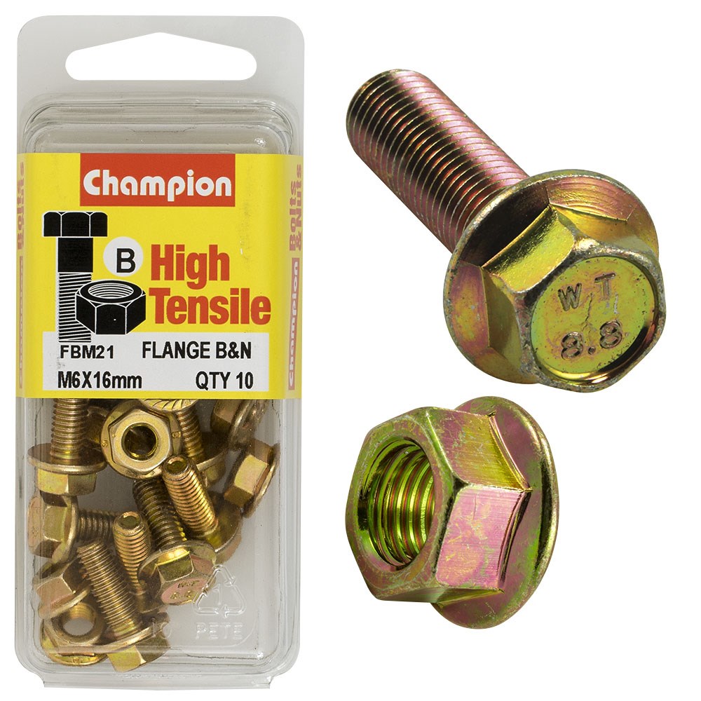 Champion Pack of 5 (5x Hex Set Screws, 5x Nuts) M6 x 16mm, 10AF High Tensile Grade 8.8, Zinc Plated  - FBM21