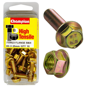 Champion Pack of 10 (10x Hex Set Screws, 10x Nuts) M6 x 25mm, 10AF High Tensile Grade 8.8, Zinc Plated  - FBM23