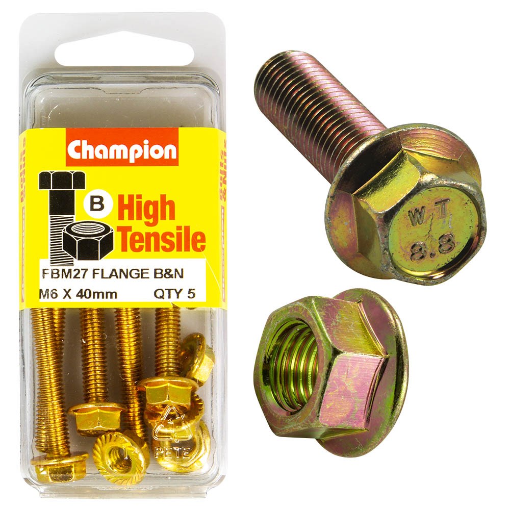 Champion Pack of 5 (5x Hex Set Screws, 5x Nuts) M6 x 40mm, 10AF High Tensile Grade 8.8, Zinc Plated  - FBM27