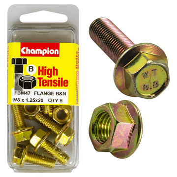 Champion Pack of 5 (5x Hex Set Screws, 5x Nuts) M8 x 20mm, 12AF High Tensile Grade 8.8, Zinc Plated  - FBM47