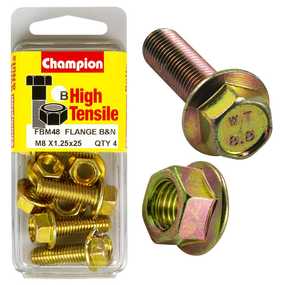 Champion Pack of 4 (4x Hex Set Screws, 4x Nuts) M8 x 25mm, 12AF High Tensile Grade 8.8, Zinc Plated  - FBM48