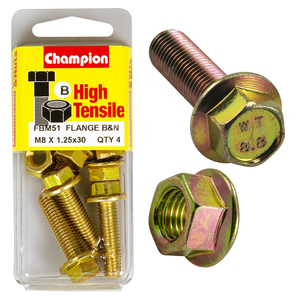 Champion Pack of 4 (4x Hex Set Screws, 4x Nuts) M8 x 30mm, 12AF High Tensile Grade 8.8, Zinc Plated  - FBM51