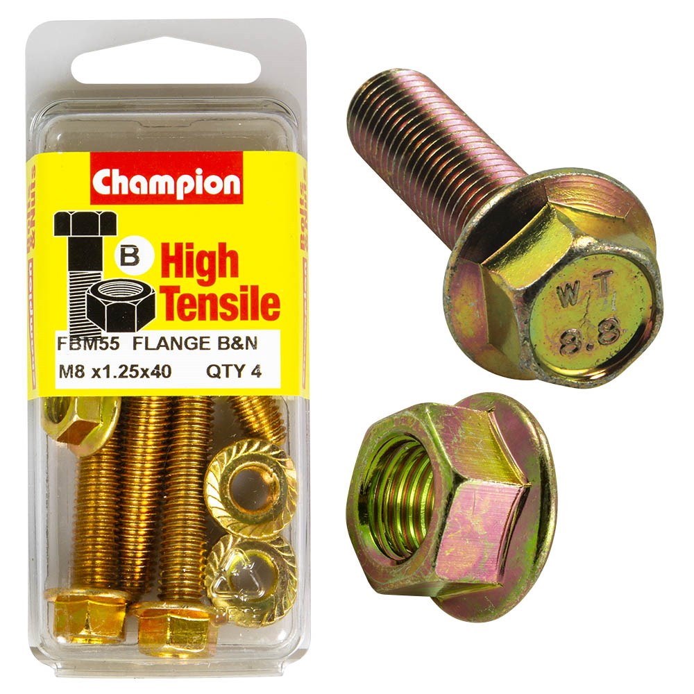 Champion Pack of 4 (4x Hex Set Screws, 4x Nuts) M8 x 40mm, 12AF High Tensile Grade 8.8, Zinc Plated  - FBM55