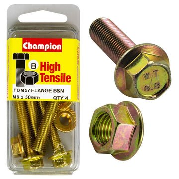 Champion Pack of 4 (4x Hex Set Screws, 4x Nuts) M8 x 50mm, 12AF High Tensile Grade 8.8, Zinc Plated  - FBM57