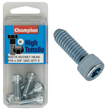 Champion Pack of 5 5/16" x 3/4" BSW High Tensile Grade 8.8, Zinc Plated Socket Head Cap Screws - SHC15