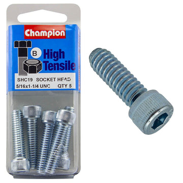 Champion Pack of 5 5/16" x 1-1/4" BSW High Tensile Grade 8.8, Zinc Plated Socket Head Cap Screws - SHC19