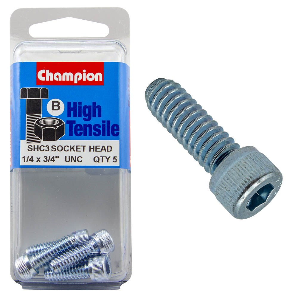 Champion Pack of 5 1/4" x 3/4" BSW High Tensile Grade 8.8, Zinc Plated Socket Head Cap Screws - SHC3