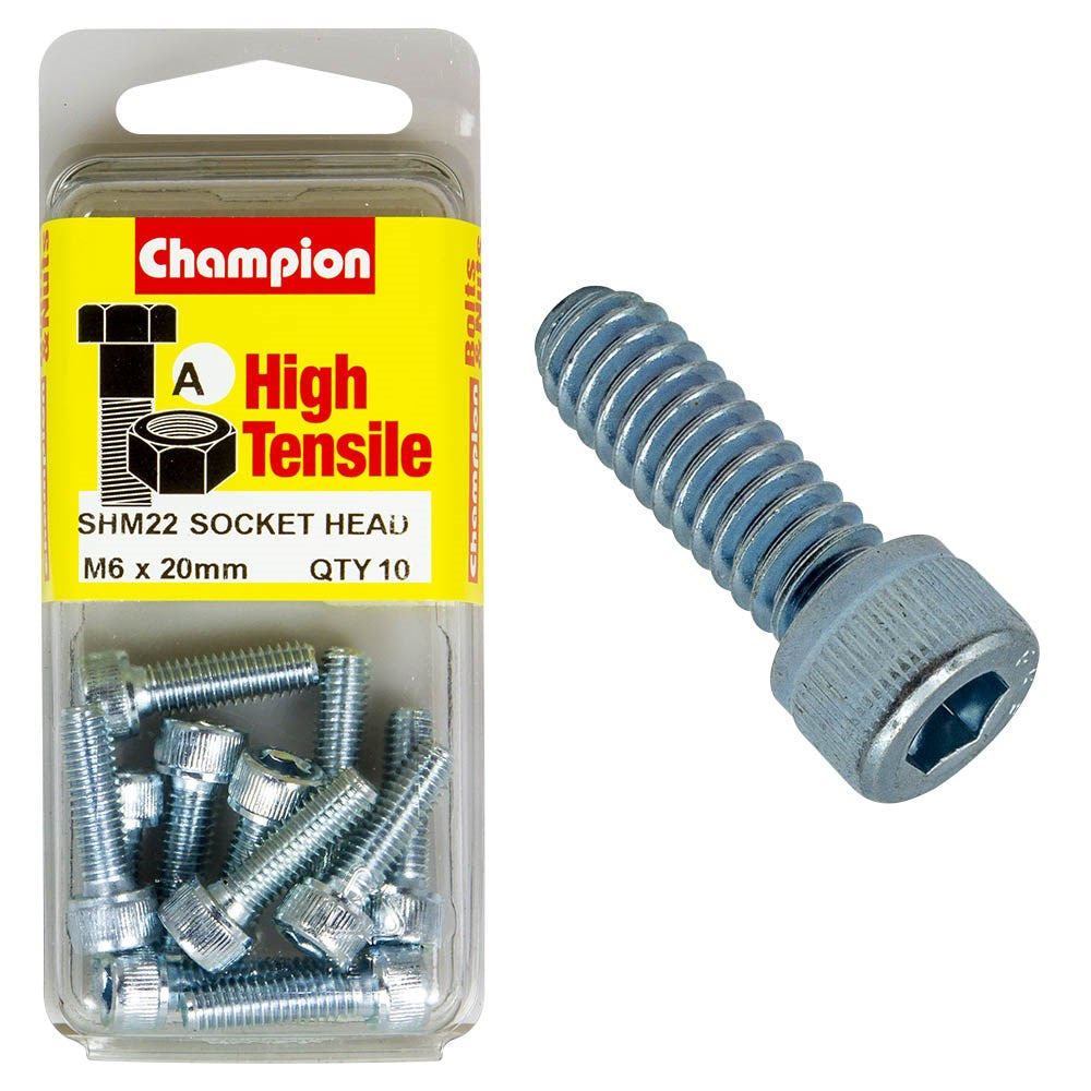 Champion Pack of 10 M6 x 20mm High Tensile Grade 8.8, Zinc Plated Socket Head Cap Screws - SHM22