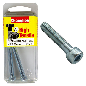 Champion Pack of 2 M6 x 70mm High Tensile Grade 8.8, Zinc Plated Socket Head Cap Screws - SHM34