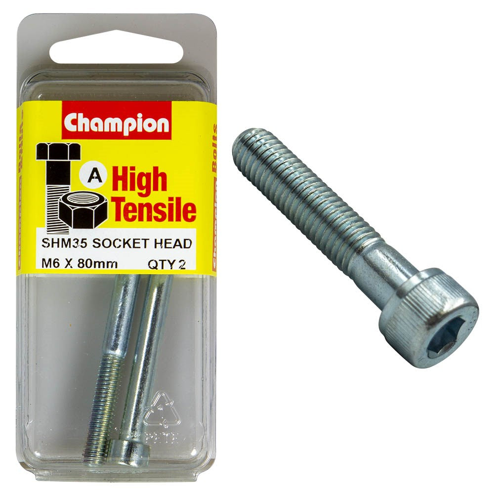 Champion Pack of 2 M6 x 80mm High Tensile Grade 8.8, Zinc Plated Socket Head Cap Screws - SHM35