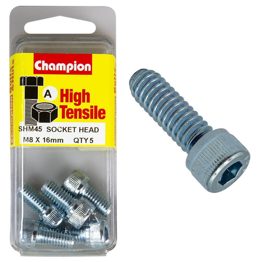 Champion Pack of 5 M8 x 16mm High Tensile Grade 8.8, Zinc Plated Socket Head Cap Screws - SHM45