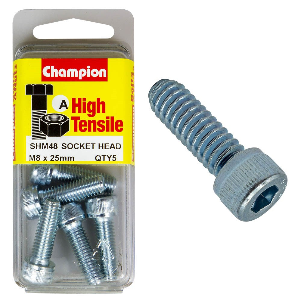 Champion Pack of 5 M8 x 25mm High Tensile Grade 8.8, Zinc Plated Socket Head Cap Screws - SHM48