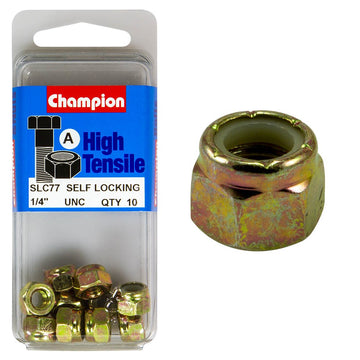 Champion Pack of 10 1/4 UNC High Tensile Grade 8.8, Zinc Plated Self Locking Hex Nuts with Nylon Insert - SLC77