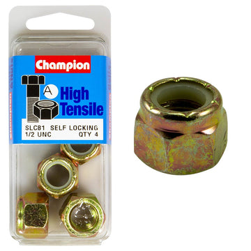 Champion Pack of 4 1/2 UNC High Tensile Grade 8.8, Zinc Plated Self Locking Hex Nuts with Nylon Insert - SLC81