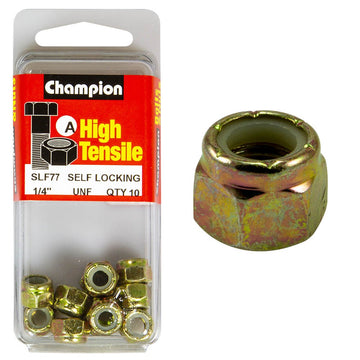 Champion Pack of 10 1/4 UNF High Tensile Grade 8.8, Zinc Plated Self Locking Hex Nuts with Nylon Insert - SLF77