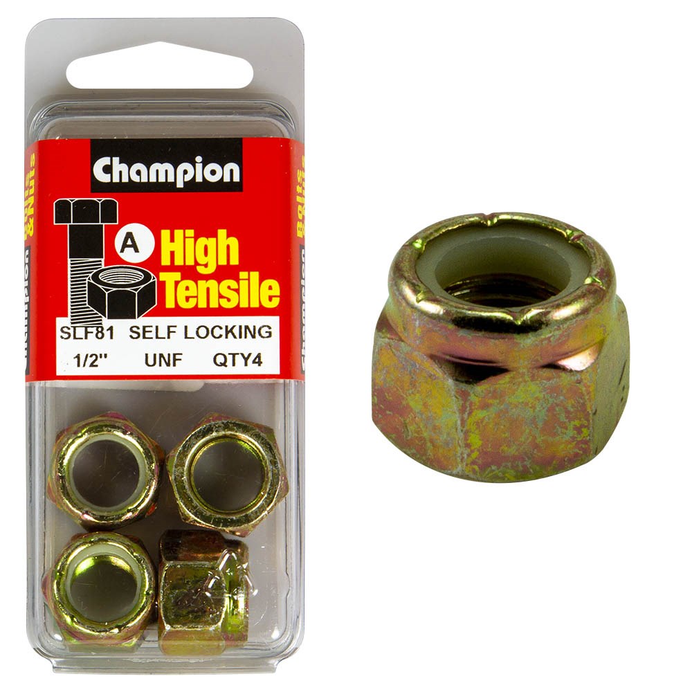 Champion Pack of 4 1/2 UNF High Tensile Grade 8.8, Zinc Plated Self Locking Hex Nuts with Nylon Insert - SLF81