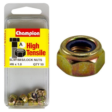 Champion Pack of 10 M6 x 1.00mm High Tensile Grade 8.8, Zinc Plated Self Locking Hex Nuts with Nylon Insert - SLM158