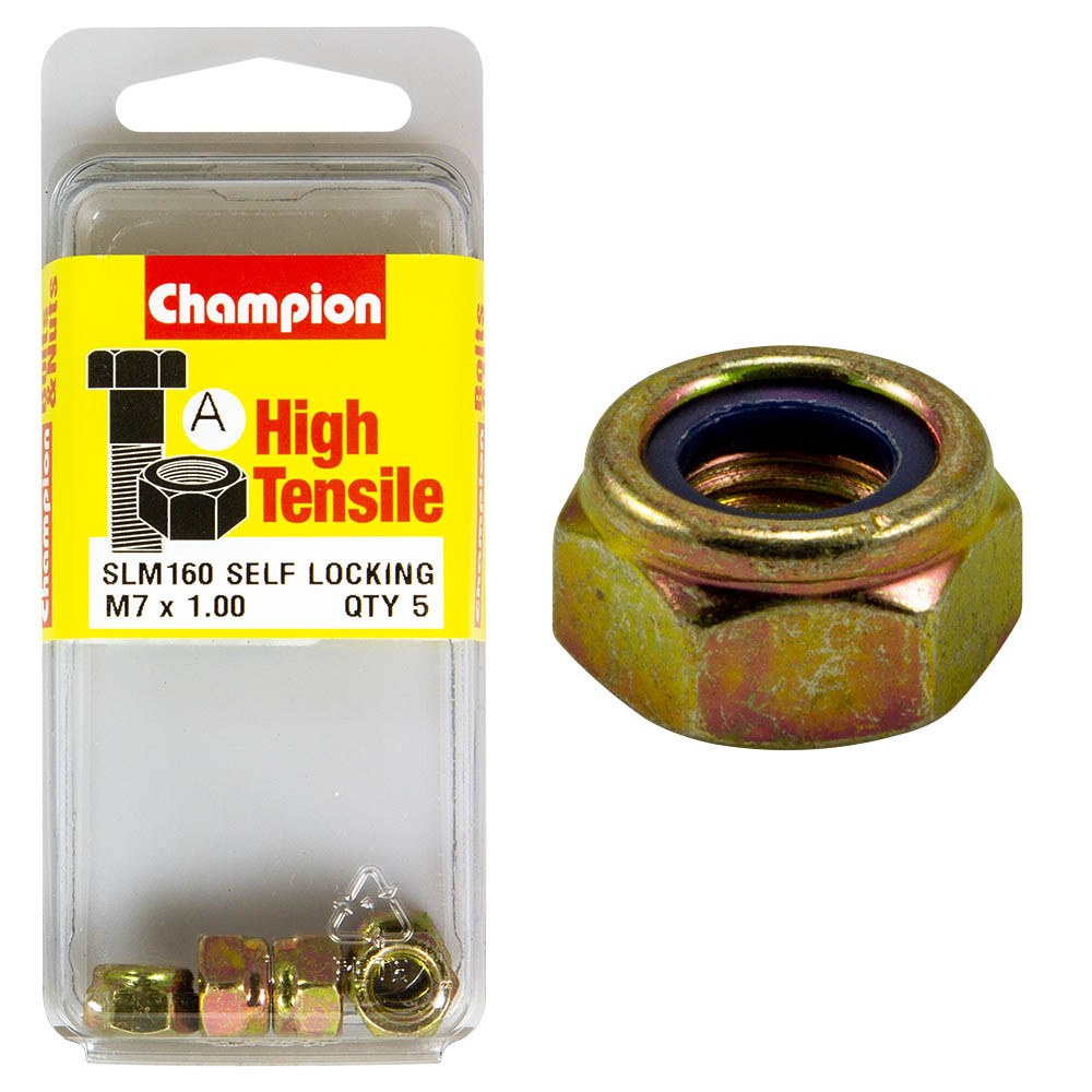 Champion Pack of 5 M7 x 1.00mm High Tensile Grade 8.8, Zinc Plated Self Locking Hex Nuts with Nylon Insert - SLM160