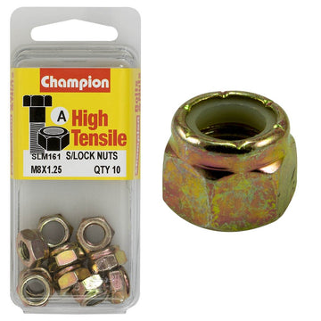 Champion Pack of 10 M8 x 1.25mm High Tensile Grade 8.8, Zinc Plated Self Locking Hex Nuts with Nylon Insert - SLM161