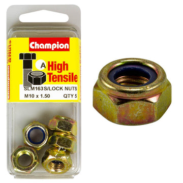 Champion Pack of 5 M10 x 1.5mm High Tensile Grade 8.8, Zinc Plated Self Locking Hex Nuts with Nylon Insert - SLM163