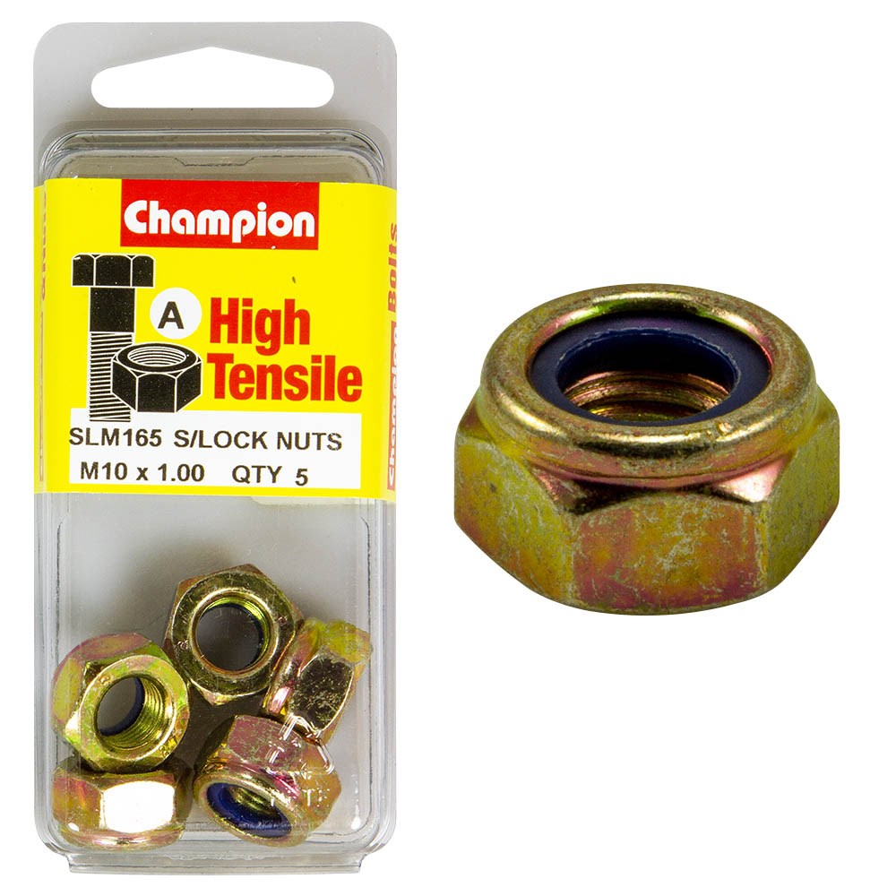 Champion Pack of 5 M10 x 1.00mm High Tensile Grade 8.8, Zinc Plated Self Locking Hex Nuts with Nylon Insert - SLM165