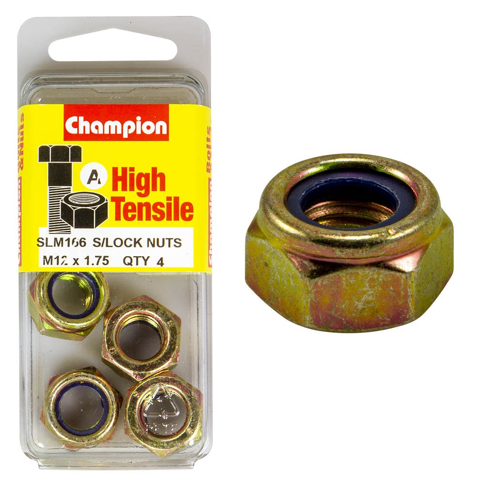 Champion Pack of 4 M12 x 1.75mm High Tensile Grade 8.8, Zinc Plated Self Locking Hex Nuts with Nylon Insert - SLM166