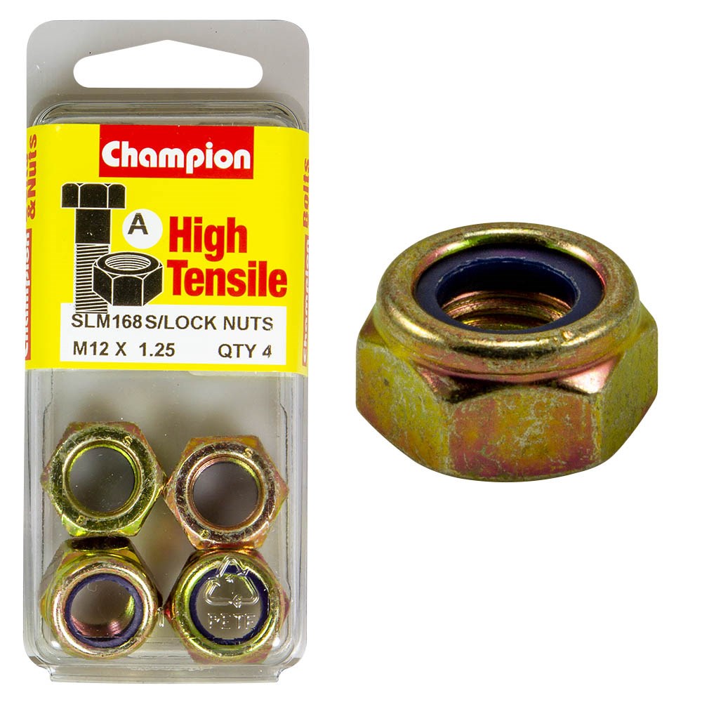 Champion Pack of 4 M12 x 1.25mm High Tensile Grade 8.8, Zinc Plated Self Locking Hex Nuts with Nylon Insert - SLM168