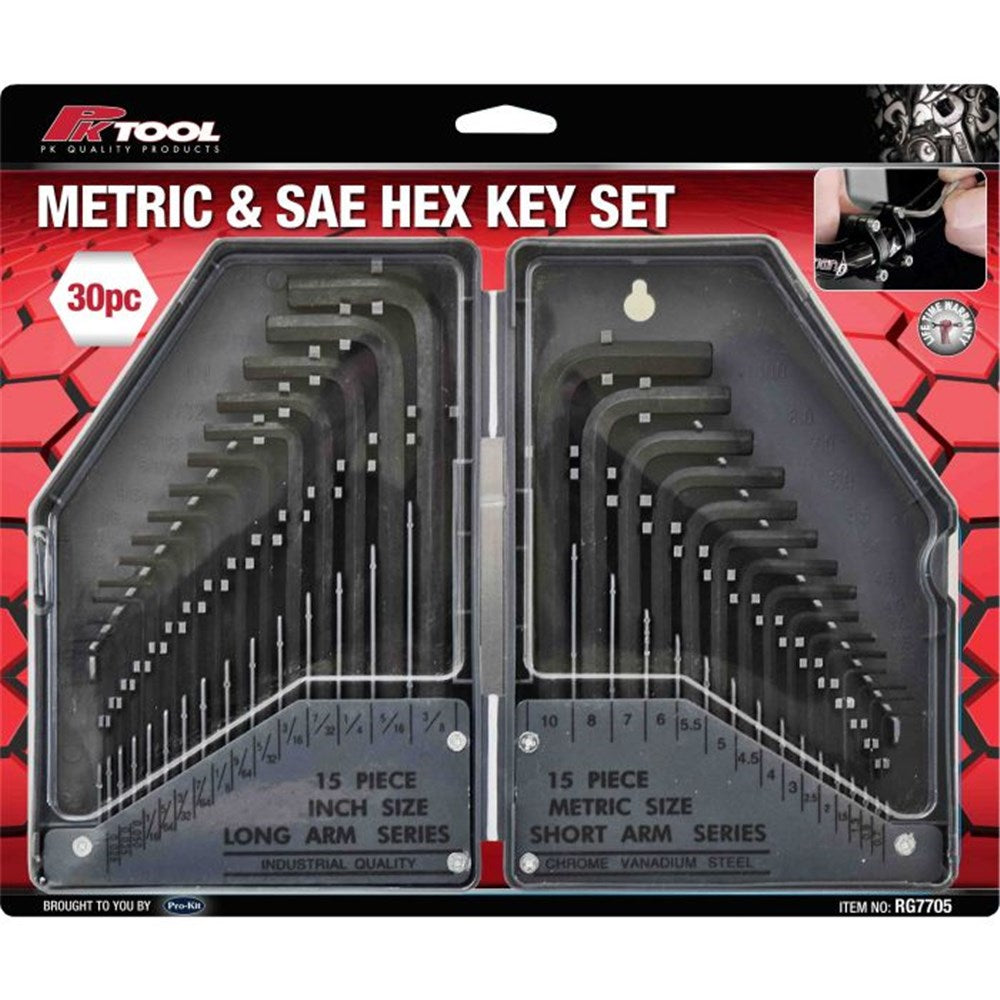 PKTool 30-Piece Metric Short and SAE Long Hex Key Set with Hard Case - RG7705