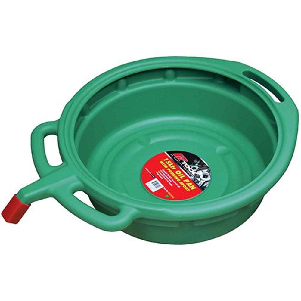 PKTool 15L Green Anti-Slosh Oil Drain Pan with Handles, Deep Lip and Spout Cap - RG6243GN