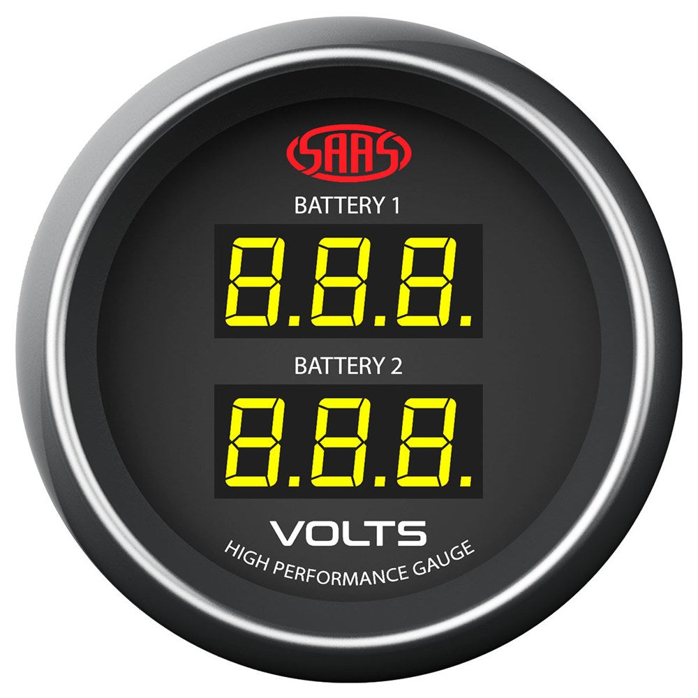 SAAS 52mm Black Muscle Series Dual Battery Digital Voltmeter Gauge (8-18V) - SG-DDVLT52B