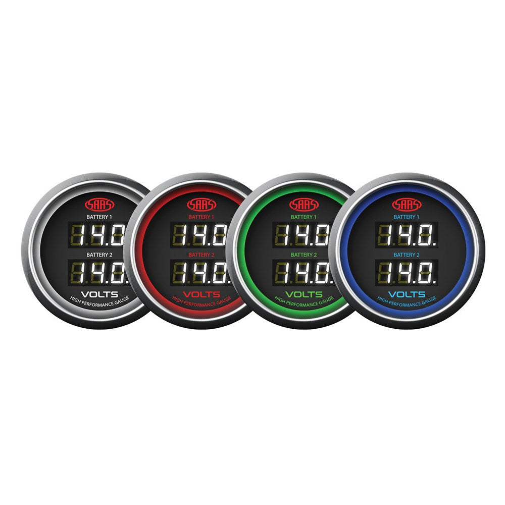 SAAS 52mm Black Muscle Series Dual Battery Digital Voltmeter Gauge (8-18V) - SG-DDVLT52B