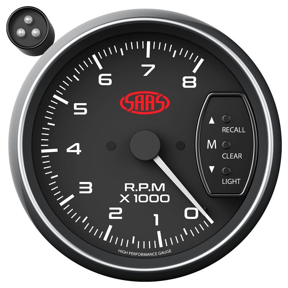 SAAS 3.75" Black Muscle Series 1 Tachometer with Shiftlite (0-8K RPM) - SG-TAC334B