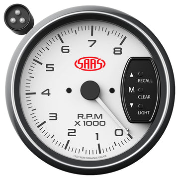 SAAS 3.75" White Muscle Series Tachometer with Shiftlite (0-8K RPM) - SG-TAC334W