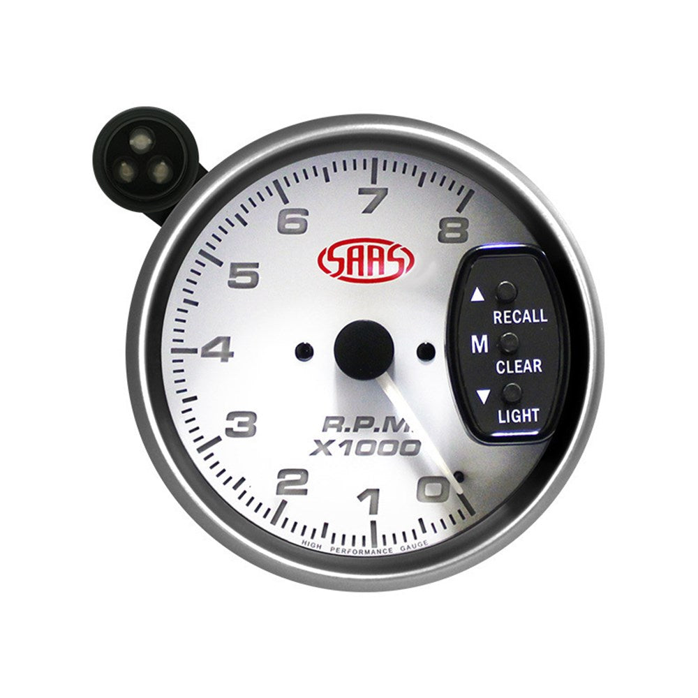 SAAS 3.75" White Muscle Series Tachometer with Shiftlite (0-8K RPM) - SG-TAC334W