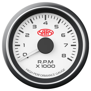 SAAS 52mm White Muscle Series Tachometer (0-8K RPM) - SG-TAC52W