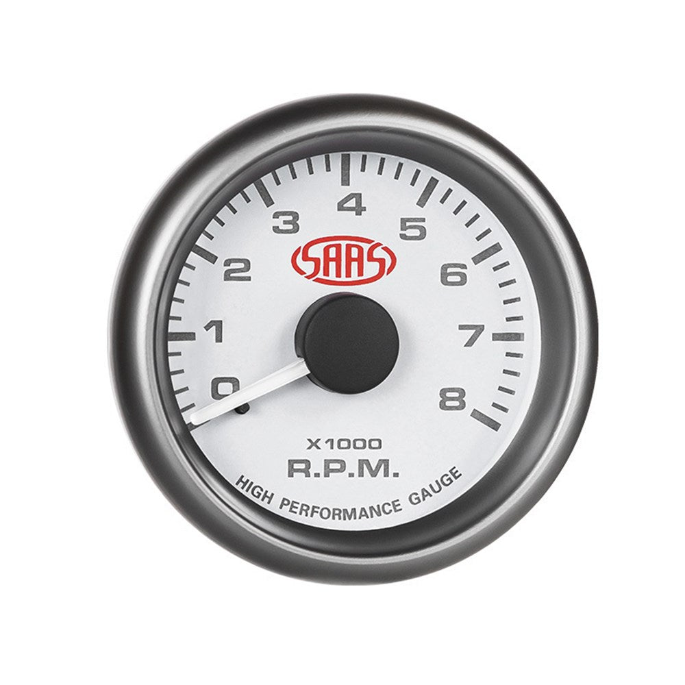 SAAS 52mm White Muscle Series Tachometer (0-8K RPM) - SG-TAC52W