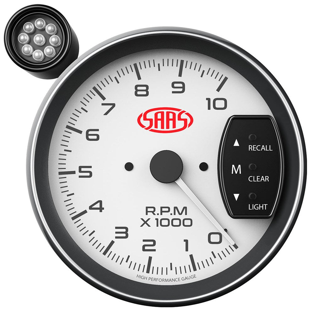 SAAS Muscle Series 5" Tachometer (10K RPM) with Shiftlite - White - SG-TAC5W